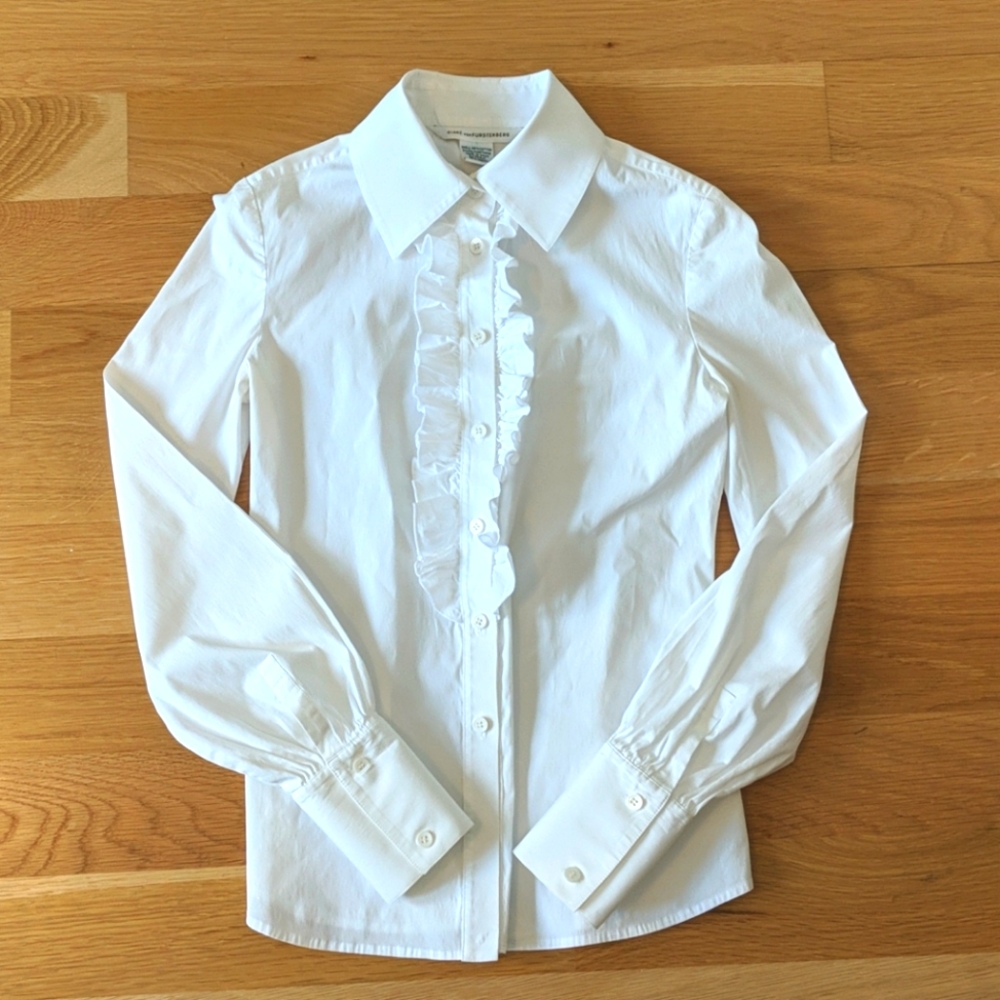 DVF white ruffle button down with wide cuffs